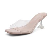 Shoe Land Celebrate Women's Open Toe Open Back Stiletto Heel Dress Shoes Perspex Vamp Slip on Clear Heels Sandals, Clearnude, 6 UK