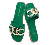 Shoe Land EMMA Women’s Flat Sandals Square Open Toe Single Band Slides Black White Flat Sandals With Metal Chain Comfortable Slip on Slippers for Summer, Green, 4 UK
