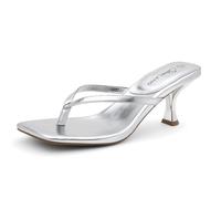 Shoe Land Kitten Heels for Women | Flip Flop Low Heels Thong Sandals | 2.75 Inch Stiletto Heeled Slides | Square Open Toe Slip-On Dressy Sandals for Summer | 2025 Trendy, Silver, 8