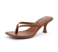 Shoe Land Kitten Heels for Women | Flip Flop Low Heels Thong Sandals | 2.75 Inch Stiletto Heeled Slides | Square Open Toe Slip-On Dressy Sandals for Summer | 2025 Trendy, Cognac, 9