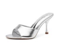Shoe Land Levana Womens High Heels Stiletto Heeled Slides Open Toe One Band Slip on Heeled Mules Heels for Prom Party Wedding Vacation, Silver, 5.5 UK