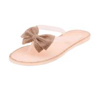 Shoe Land Women's Jelly Flat Sandals, Rhinestone Bow Thong Sandals - Sparkly Flip Flops for Beach & Pool | Comfortable Non-Slip Slides | Cute Bling Strappy Sandals, Nude/Rosegold, 9 UK