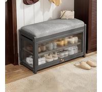 Shoe Organizer Shelf - 2-Tier Storage Cabinet with Cushion and Glass Door for Hallway Entryway, End of Bed Storage Bench, Original Wood