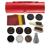 Shoe Polish Kit 12 Piece Leather Shoe Shine Set with Black, Dark Brown and Neutral Wax Polish, Horsehair Brushes, Microfibre Cloths, Metal Shoe Horn and Sponges in Red PU Leather Travel Case