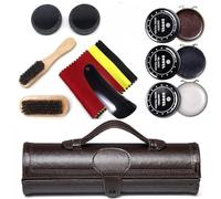 Shoe Polish Kit Cleaning Shine Care Barrel Set For Brown Black Leather With Brush Travel Case Luxury Premium Soft Horsehair Bristle Dauber, Wooden Applicator, Shoehorn, Cloth 12 Piece Brown Pouch