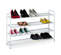 Relaxdays Shoe Rack, Storage for 16 Pairs, HxWxD: 65 x 100 x 25.5 cm, Metal Organiser, Narrow, 4 Shelves, Hallway, White, Steel