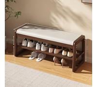 Shoe Rack Cabinet, Rubber Wood Ottoman with Storage, PU Leather, High Density Sponge Cushion, Double Layer Shoe Organizer,
