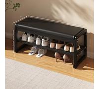 Shoe Rack Cabinet, Rubber Wood Ottoman with Storage, PU Leather, High Density Sponge Cushion, Double Layer Shoe Organizer,