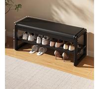 Shoe Rack Cabinet, Rubber Wood Ottoman with Storage, PU Leather, High Density Sponge Cushion, Double Layer Shoe Organizer,