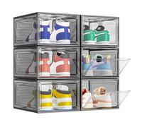 Shoe Storage Box, 6 Pcs Shoe Box Clear Plastic Stackable, Sturdy Foldable Shoe Organizer Containers with Magnetic Door for Women/Men, Black