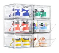 Shoe Storage Box, 6 Pcs Shoe Box Clear Plastic Stackable, Sturdy Foldable Shoe Organizer Containers with Magnetic Door for Women/Men, White