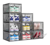 Shoe Storage Box, 9 Pcs Shoe Box Clear Plastic Stackable, Sturdy Foldable Shoe Organizer Containers with Magnetic Door for Women/Men, Black