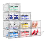 Shoe Storage Box, 9 Pcs Shoe Box Clear Plastic Stackable, Sturdy Foldable Shoe Organizer Containers with Magnetic Door for Women/Men, White
