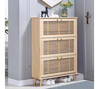 Shoe Storage Cabinet Cabinets Hallway Slim Cupboard Cupboards Hallways Slimline Tall Rattan Sideboard,Narrow Wooden Shoe Cabinet with 3 Flip-Out Drawers, Vertical Storage with Adjustable She