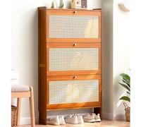Shoe Storage Cabinet - Slim Bamboo Organizer for Hallway, Flip Down Hidden Storage, Tall Rattan Sideboard, Narrow Entryway Cupboard
