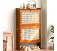 Shoe Storage Cabinet - Slim Bamboo Organizer for Hallway, Flip Down Hidden Storage, Tall Rattan Sideboard, Narrow Entryway Cupboard