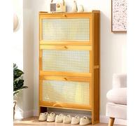 Shoe Storage Cabinet - Slim Bamboo Organizer for Hallway, Flip Down Hidden Storage, Tall Rattan Sideboard, Narrow Entryway Cupboard