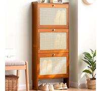 Shoe Storage Cabinet - Slim Bamboo Organizer for Hallway, Flip Down Hidden Storage, Tall Rattan Sideboard, Narrow Entryway Cupboard