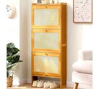 Shoe Storage Cabinet - Slim Bamboo Organizer for Hallway, Flip Down Hidden Storage, Tall Rattan Sideboard, Narrow Entryway Cupboard