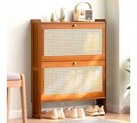 Shoe Storage Cabinet - Slim Bamboo Organizer for Hallway, Flip Down Hidden Storage, Tall Rattan Sideboard, Narrow Entryway Cupboard
