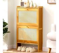 Shoe Storage Cabinet - Slim Bamboo Organizer for Hallway, Flip Down Hidden Storage, Tall Rattan Sideboard, Narrow Entryway Cupboard