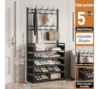 Shoe Storage Cabinet with Coat Rack, 4/5-Tier Shoe Shelf, Free-Standing Metal Shoe nizer with Hooks & Storage Bag (Black, 57 * 35 * 168 cm)