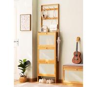 Shoe Storage Cabinet with Hooks, Narrow Slim Shoe Rack Cabinet with Flip Drawers, Freestanding Shoe Organizer 2-In-1 Shoe Cabinet Bamboo Coat Rack for Entryway, Foyer, Hallway ,A-50*17*186cm