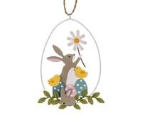 Shoeless Joe Easter Egg Scene Hanging Ornament with Bunny Rabbits, Chicks, Spotty Eggs and Flowers, Handmade Springtime Decoration