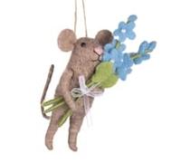 Shoeless Joe Felt Mouse Ornament with Forget Me Not Flowers, Hanging Decoration, Handmade Felted Animal, Memory Gift