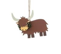 Shoeless Joe hand made tin Highland cow/coo Christmas tree decoration with wreath.