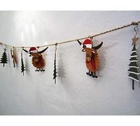 Shoeless Joe Quirky Highland Cow wearing Christmas Hats and Tree Garland