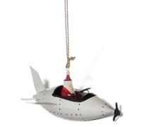 Shoeless Joe Santa In Plane Christmas Tree Decoration - 12 X 6.5 X 8.5 Cm, Twine Hanger, Silver Rustic Finish