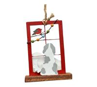 Shoeless Joe Traditional Christmas Tree Decoration, Red and White Metal Hanging Ornament, Dog and Robin Window Scene, Indoor Holiday Decor, 15 x 5 x 9 cm
