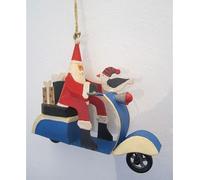Shoeless Joe Wooden Santa on Blue Vespa Moped, Christmas Tree Hanging Decoration
