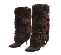 Shoe'N Tale Fuzzy Mid Calf Boots Women's Kitten Heel, Dark Brown, 3 UK