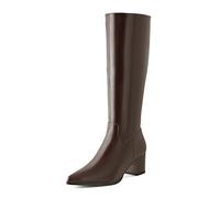 Shoe'N Tale Knee High Boots for Women Pointed Toe Tall Boots Mid Stacked Chunky Block Heeled Boots Side Zipper, Brown Pu, 7 UK