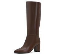 Shoe'N Tale Knee High Boots for Women Wide Calf Chunky Block Heel Fall Winter Pointed Toe Boots, Brown Pu, 3 UK Wide