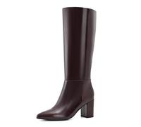 Shoe'N Tale Knee High Boots for Women Wide Calf Chunky Block Heel Fall Winter Pointed Toe Boots, Burgundy Pu, 6 UK Wide
