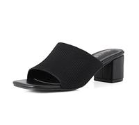 Shoe'N Tale Knit Heeled Sandals For Women Square Open Toe Heeled Mules Chunky Block Low Heel Slip On Slides, Black, 5.5 UK