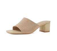 Shoe'N Tale Knit Heeled Sandals For Women Square Open Toe Heeled Mules Chunky Block Low Heel Slip On Slides, Nude, 6.5 UK