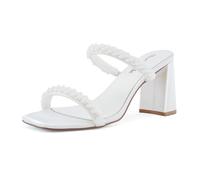 Shoe'N Tale Strappy Heels for Women Two Band Chunky Block Heeled Sandals Square Open Toe Backless Mules Slip On Pump Dress Shoes, S-white Satin, 6.5 UK