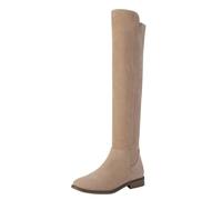 Shoe'N Tale Thigh High Over The Knee Boots for Women Flat Low Heel Fall Winter Stretch Suede Long Round Toe Boots, Khaki, 7 UK