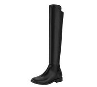Shoe'N Tale Thigh High Over The Knee Boots for Women Flat Low Heel Fall Winter Stretch Suede Long Round Toe Boots, Black Pu, 4 UK