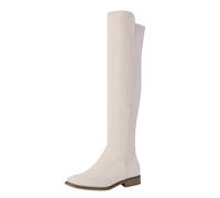 Shoe'N Tale Thigh High Over The Knee Boots for Women Flat Low Heel Fall Winter Stretch Suede Long Round Toe Boots, Beige, 5 UK