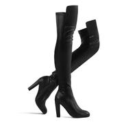 Shoe'N Tale Women Faux Suede Chunky Heel Stretch Over The Knee Thigh High Boots, Black Pu, 5