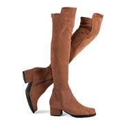 Shoe'N Tale Women Faux Suede Chunky Heel Stretch Over The Knee Thigh High Boots, Brown 2" Heel, 6.5 UK