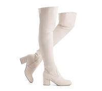 Shoe'N Tale Women Stretch Suede Chunky Block Heel Thigh High Over The Knee Boots, White, 9.5