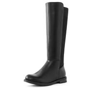 Shoe'N Tale Women's Knee High Boots Flat Low Heel Stretchy Round Toe with Side Zipper, Black Pu Knit, 5.5 UK