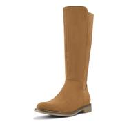 Shoe'N Tale Women's Knee High Boots Flat Low Heel Stretchy Round Toe with Side Zipper, Brown Suede, 6.5 UK