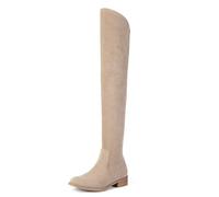 Shoe'N Tale Women's Over The Knee Boots Thigh High Low Block Heel Pointed Toe Long Stretch Boots, Khaki, 5 UK